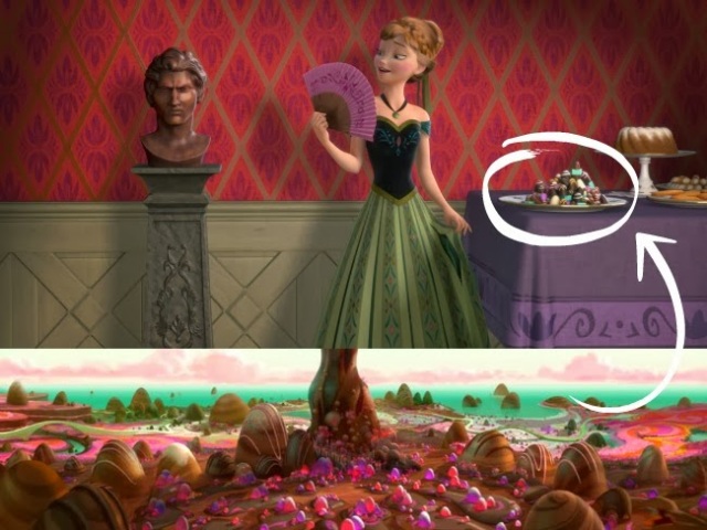 Wreck-It Ralph's 'Sugar Rush' land appearing in Frozen.